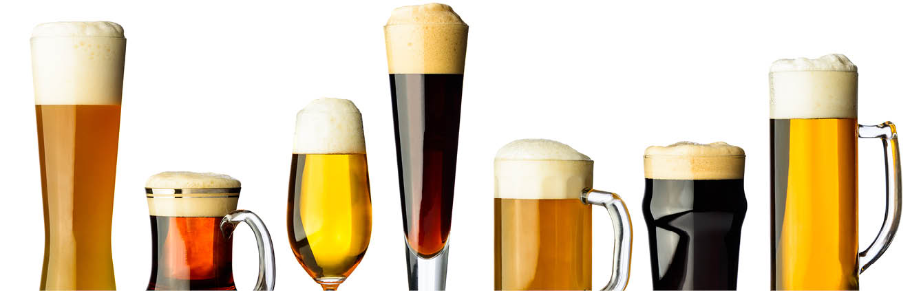 Different types of beer in glasses isolated on white background