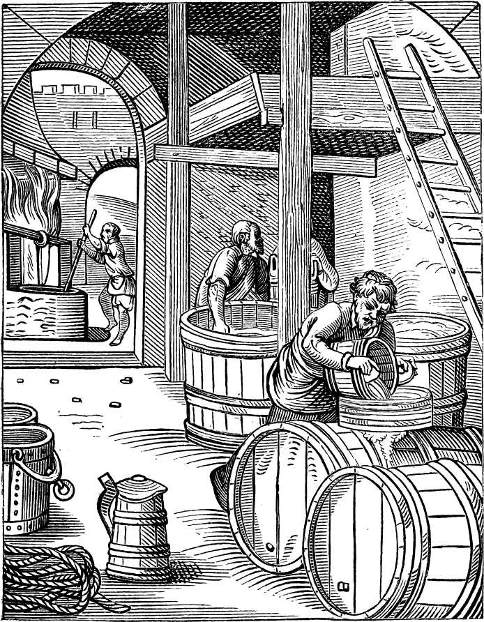 Old engraved illustration of three brewer of the sixteenth century working in the factory. Industrial encyclopedia E.-O. Lami - 1875.