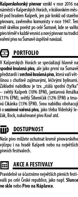 Ka perskohorsk pivovar vznikl v roce 2016 na n m st  v Ka persk ch Hor ch, v kr lovsk m m st  pod hradem Ka perk, je...