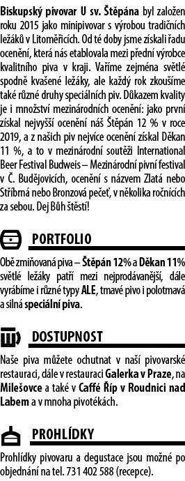 Biskupsk pivovar U sv.  t p na byl zalo en roku 2015 jako minipivovar s v robou tradi n ch le  k  v Litom  ic ch. Od...