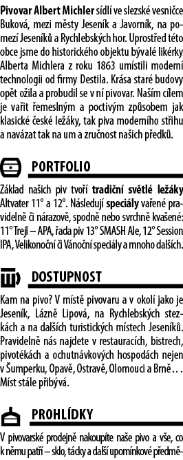 Pivovar Albert Michler s dl ve slezsk  vesni ce Bukov , mezi m sty Jesen k a Javorn k, na pomez  Jesen k  a Rychlebs...